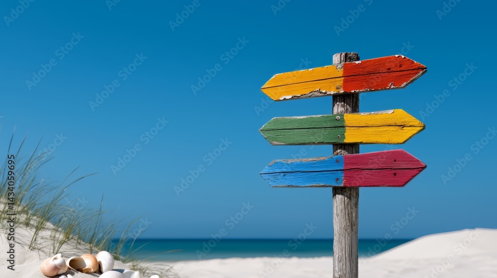 Aufkleber colorful sign with four arrows pointing in different directions is on a beach. the sign is surrounde
