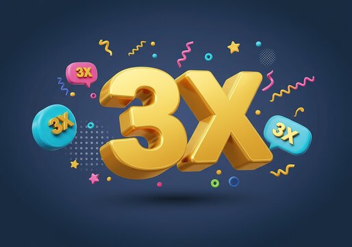 Golden 3X Number with Colorful Celebration Elements on a Dark Blue Background, 3D Render