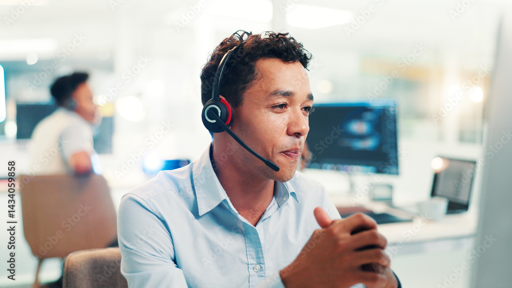 Poster headset, man and call center agent in office for communication, contact us or networking. technology