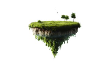 Floating island with lush grass and rocky underside, isolated on a transparent background highlighting its unique structure and vibrant vegetation, suitable for digital art and creative projects