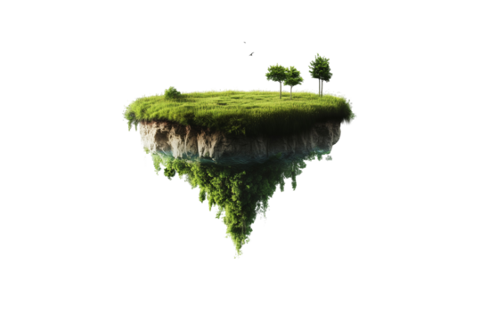 Floating island with lush grass and rocky underside, isolated on a transparent background highlighting its unique structure and vibrant vegetation, suitable for digital art and creative projects
