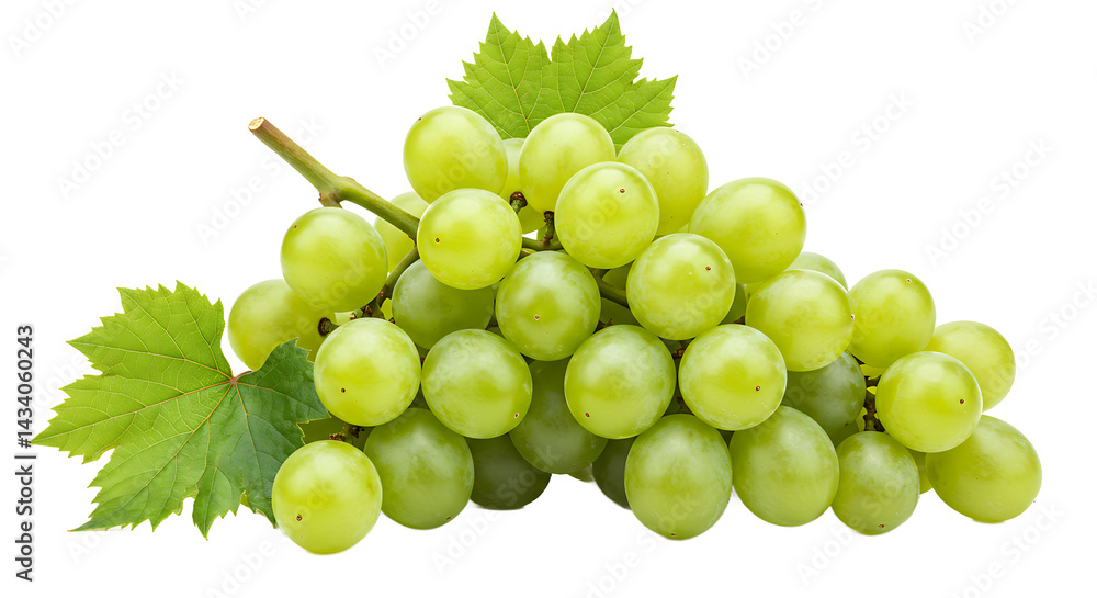 Poster a bunch of green grapes with leaves attached to the stem isolated on a transparent background image