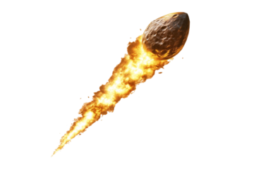 Burning meteor flying with fire trail on transparent background