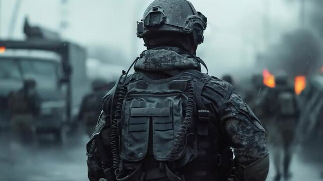 Video with a military man in full equipment against the background of a destroyed city is suitable for news stories, documentaries, military simulators.
