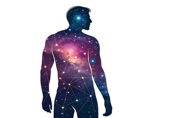 A cosmic man a universe within vibrant nebulae swirling through his form a breathtaking digital art piece in deep purple and blue hues against a stark white backdrop