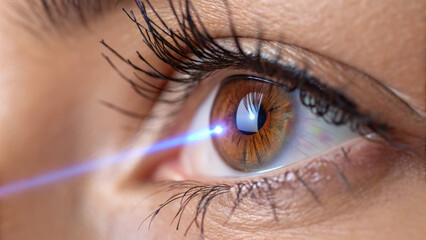 Naklejka premium Close up view of eye showcasing detailed eyelashes and laser beam directed towards iris, highlighting advanced technology