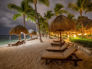 Tranquil beach resort at night with palm trees thatched umbrellas lounge chairs and serene ocean view capturing the essence of a peaceful tropical getaway