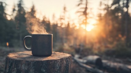 Relaxing morning coffee experience in serene forest setting with beautiful sunrise captivating nature