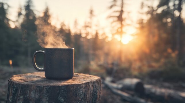 Relaxing morning coffee experience in serene forest setting with beautiful sunrise captivating nature