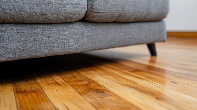 Stylish grey couch on polished wooden floor in modern living room close-up view cozy atmosphere interior design inspiration