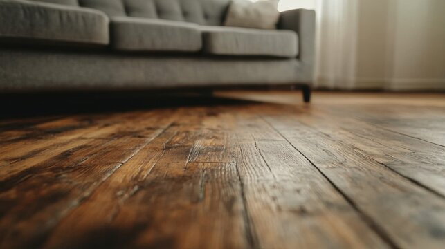 Cozy living room setup with grey couch wooden flooring modern interior design natural light low angle perspective comfort and style