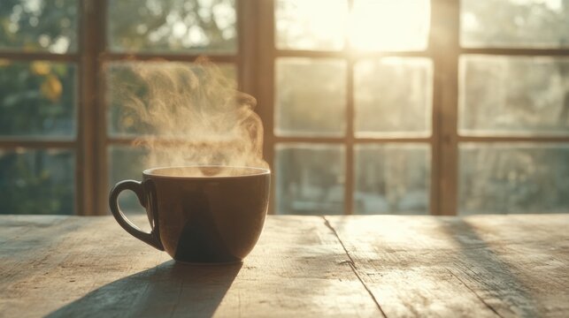 Warm coffee steam rising cozy kitchen beverage bright morning light close-up view comfort and relaxation