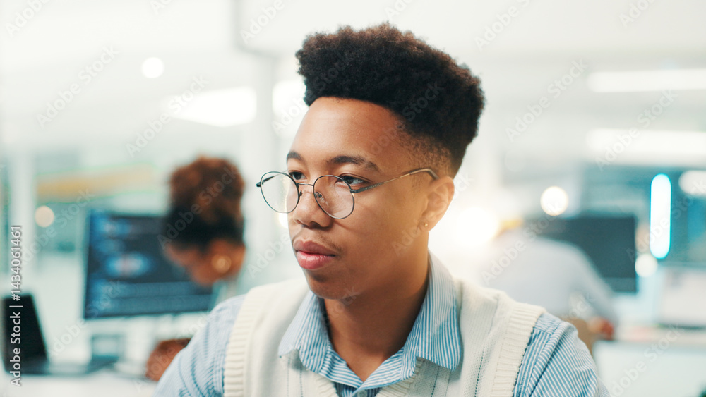 Aufkleber Reading, glasses and programmer with business man in office cyber security, network domain and code analyst. Server encryption, tech startup and software review with person in IT firm for VPN system