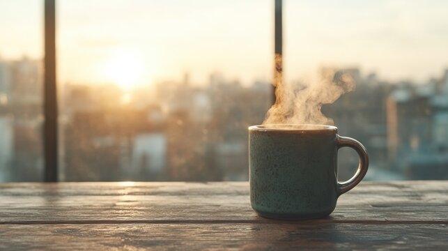 Relaxing morning coffee with steam rising urban rooftop beverage warm environment close-up serenity