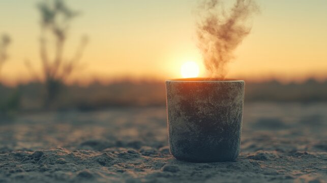 Steaming coffee mug at sunrise outdoor setting nature tranquil environment close-up view morning ritual