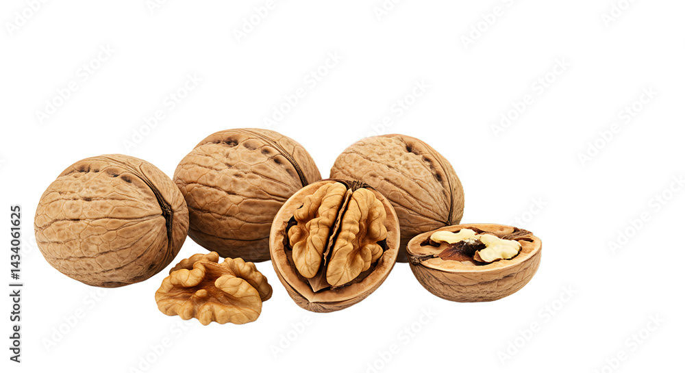 Poster a close up shot of several walnuts including whole and halved on a black background space for text