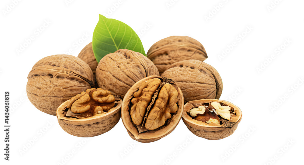 Poster a group of walnuts with shells and some walnuts are cracked open showing the insides of the nuts