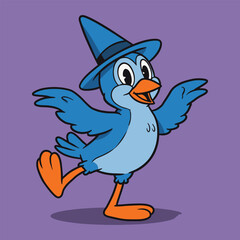 Cartoon bluebird wearing a blue witch hat dancing on a purple background with black outlines