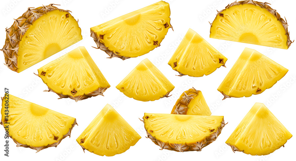 Poster a collection of pineapple slices arranged on a black background in a random pattern look fresh