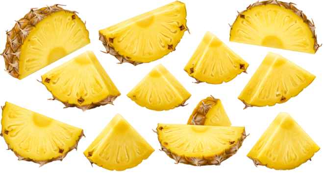 A collection of pineapple slices arranged on a black background in a random pattern look fresh
