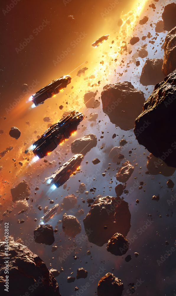 Poster spacecraft navigating an asteroid field near a sun displaying intense engine glows and light flares
