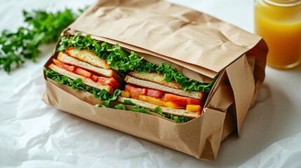 Healthy, layered sandwiches in brown paper bag