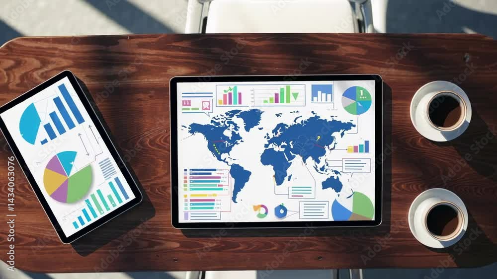 Poster wooden table with digital tablet showing world map and diverse charts, next to a smaller tablet and 