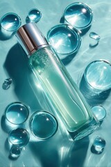 Mockup Turquoise Perfume Bottle Surrounded by Water Droplets, Cosmetic Mockup on Blue Surface, 3D Render, Clean and Fresh Aesthetic