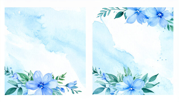 Set of floral watercolor frames in light blue pastels, subtle paint splatters. Botany design. - Powered by Adobe