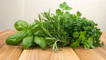Fresh herbs like basil, rosemary, parsley, and mint arranged on wooden surface create natural and aromatic display