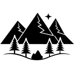 Obraz premium Creative Black Silhouette of Mountains and Fir Trees | Camping Adventure Wildlife Landscape Icon Vector Illustration