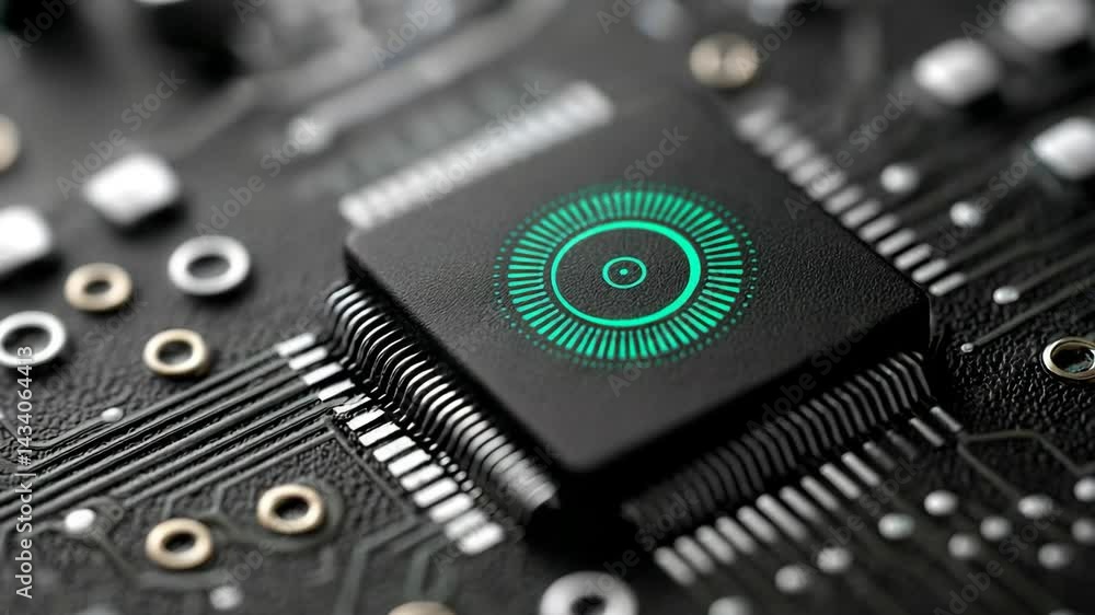 Poster macro detail of a black computer processor with illuminated green circle design integrated into a ci