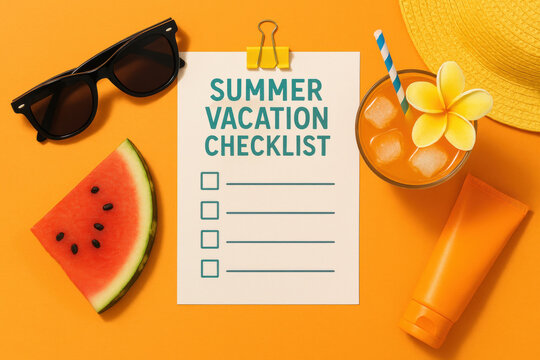 Summer Vacation Checklist with Sunglasses, Hat, and Refreshing Drink for Holiday Planning