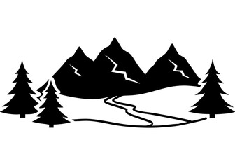 Creative Black Silhouette of Mountains and Fir Trees | Camping Adventure Wildlife Landscape Icon Vector Illustration