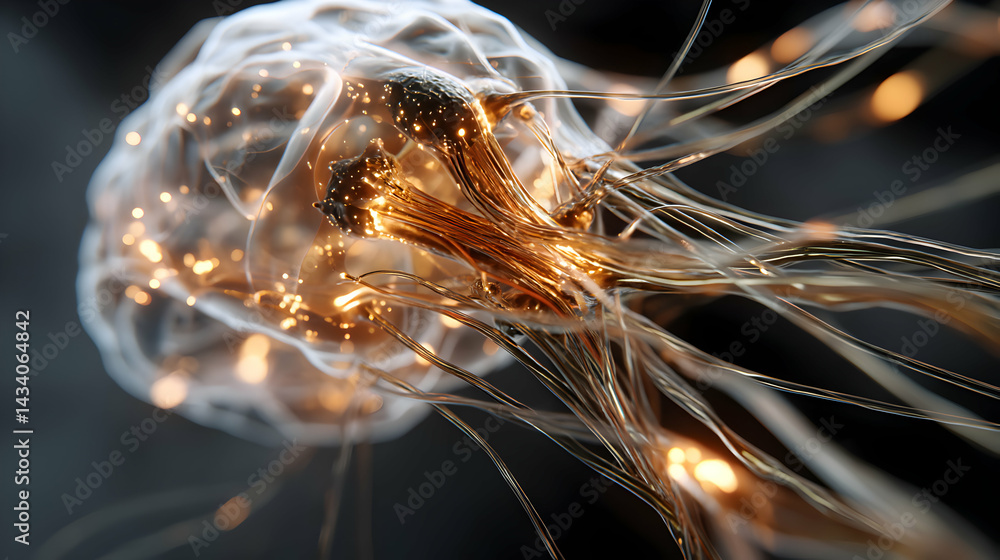 Poster conceptual depiction of a neuron revealing neural network function and synaptic transmission event