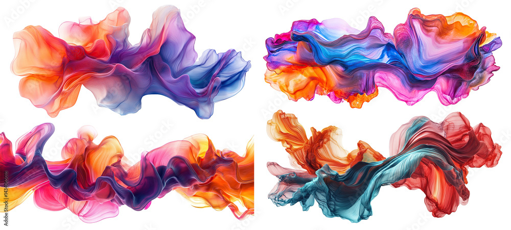 Poster set of abstract colorful waves of flowing shapes, isolated on transparent cutout background