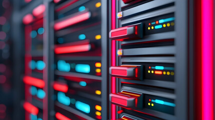 High Tech Server Rack with Red and Blue Glowing Lights