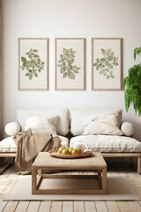 A realistic mockup of a modern living room wall art design and layout with abstract paintings and minimalist decor, minimalistic, decor, design