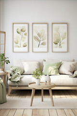 A realistic mockup of a modern living room wall art design and layout with abstract paintings and minimalist decor, minimalistic, decor, design