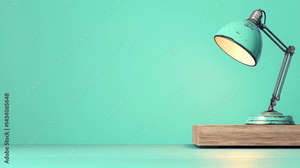 Poster green lamp shade sits on a wooden table. the lamp is turned on, casting a warm glow on the table. th