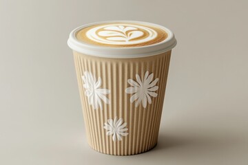 Latte art in cup with flowers on a white background