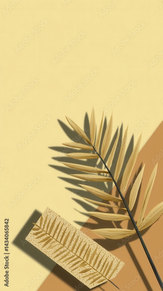 Poster golden palm leaf elegance on warm toned background with artistic shadows creating a serene and invit