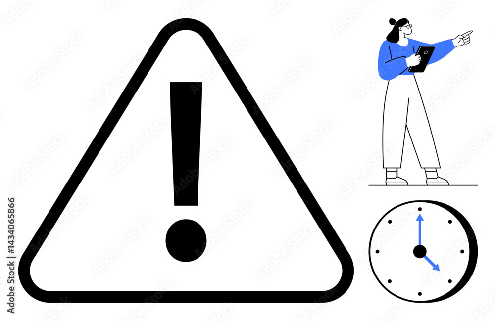 Poster exclamation mark in warning triangle for caution, woman with a tablet pointing for guidance, and a c