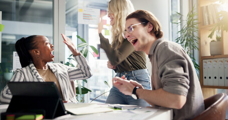 High five, success and tablet with business people in office for achievement, milestone or motivation. Applause, goals and target with happy employee group in workplace together for team building