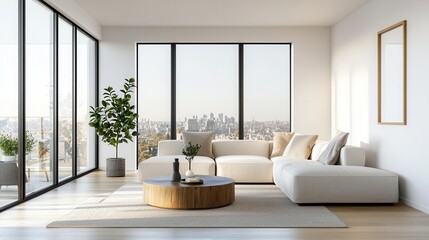 Luxury penthouse living area with soft neutral tones, sleek furniture, and a breathtaking sunset view