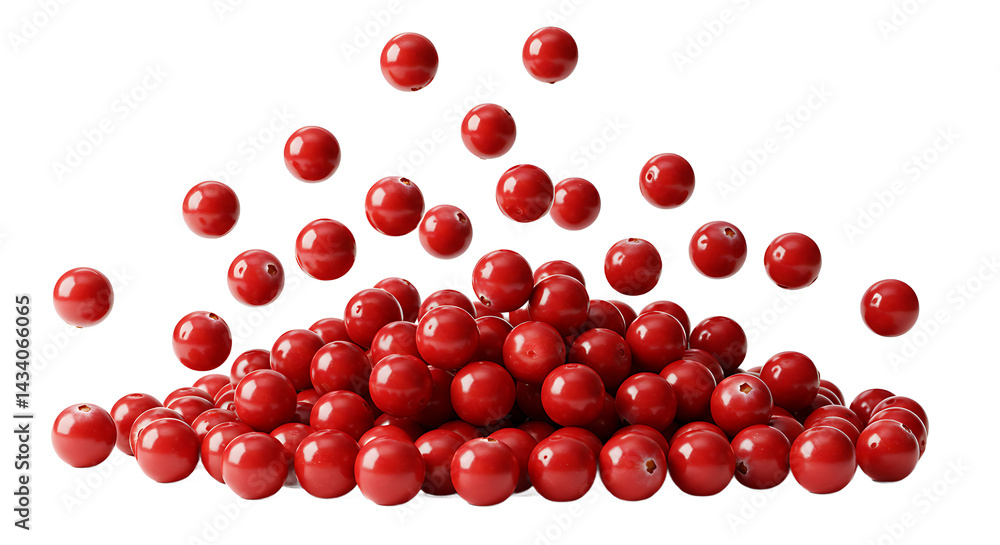 Poster a pile of bright red cranberries with some floating on a black background in a studio shot