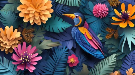 Vibrant paper art hummingbird amidst tropical flowers and leaves.