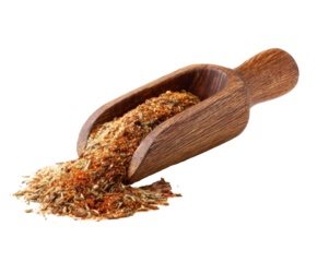 Flavorful spice blend in wooden scoop for culinary creations on a transparent background, cut out