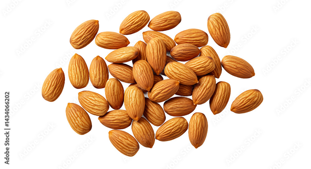 Poster a top view of a pile of almonds isolated on a black background showing their texture and shape well