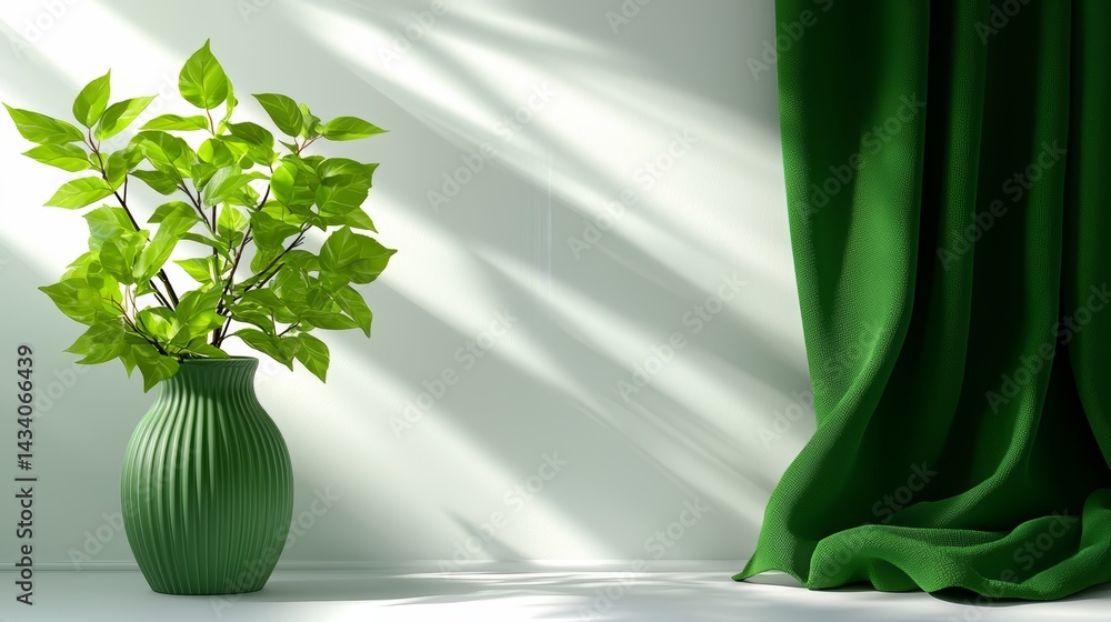 Poster green vase with a plant in it sits on a white table. the vase is tall and narrow, and the plant is s